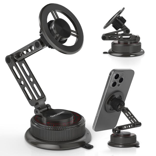 GUCCQUEEN dual-arm magnetic phone mount, extended and folded views